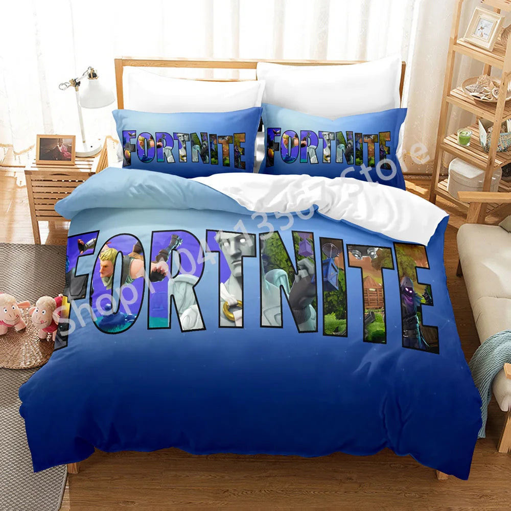Conjunto de Cama Battle Royale F-Fortnite 3 Peças para Crianças, Capa de Edredão, Colcha e Fronha, Tamanho Duplo, Decoração de Quarto Victory Game
