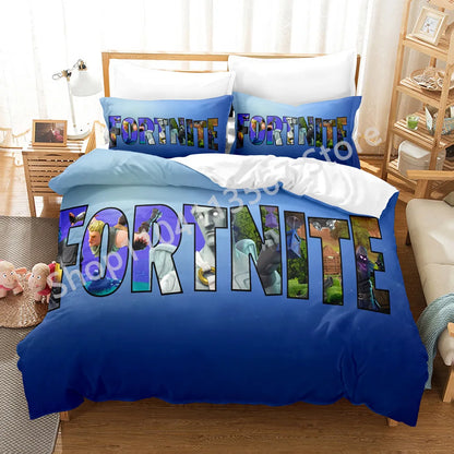 Conjunto de Cama Battle Royale F-Fortnite 3 Peças para Crianças, Capa de Edredão, Colcha e Fronha, Tamanho Duplo, Decoração de Quarto Victory Game