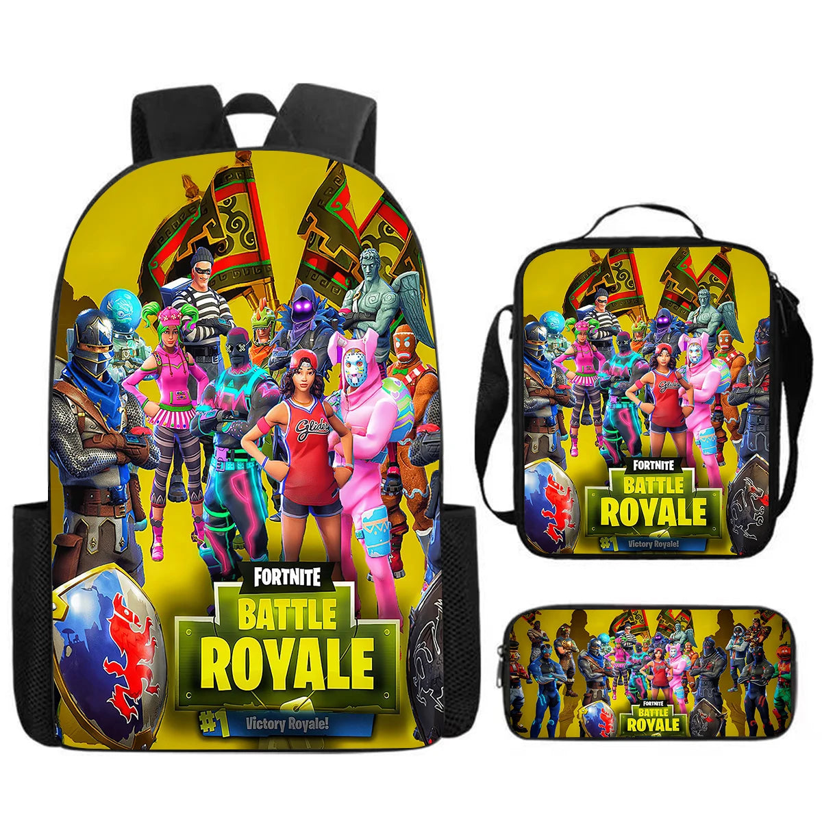 Conjunto Fortnite Cartoon de 3 peças, grande capacidade, adequado para rapazes e raparigas dos 5 aos 8 anos, inclui mochila, lancheira e estojo