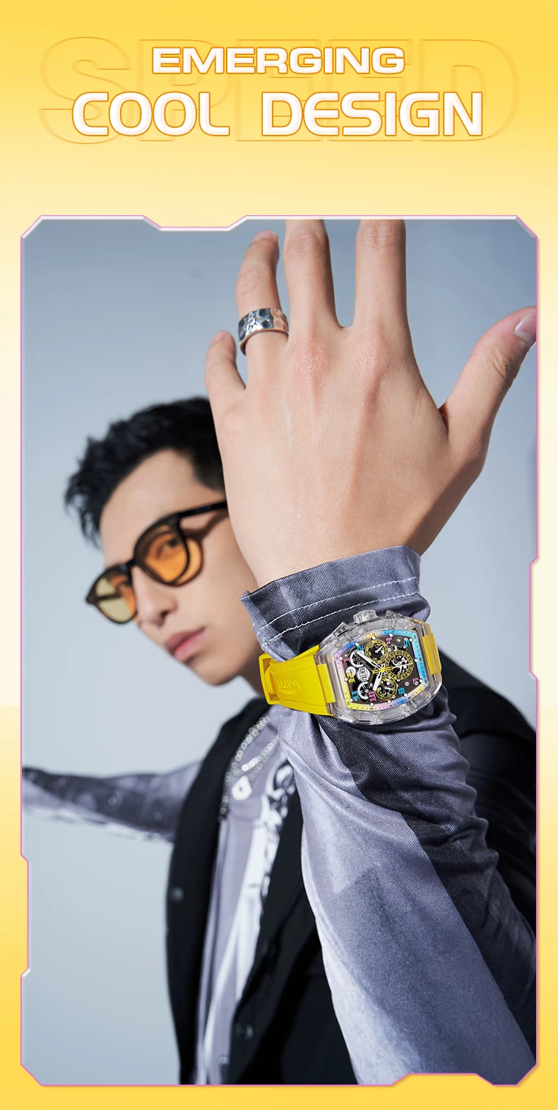 BONEST GATTI Automatic Watch Tonneau Mechanical Wristwatch K9 Crystal Case Rubber Strap Multi Dial Watches For Men