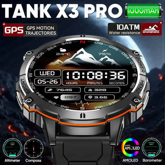 2026 Novo Smartwatch Militar TANK X3 para Homem, Bateria 1000mAh, 10ATM À Prova de Água para Natação, Percurso GPS, Ecrã AMOLED HD de 1.75", Chamadas e Desporto