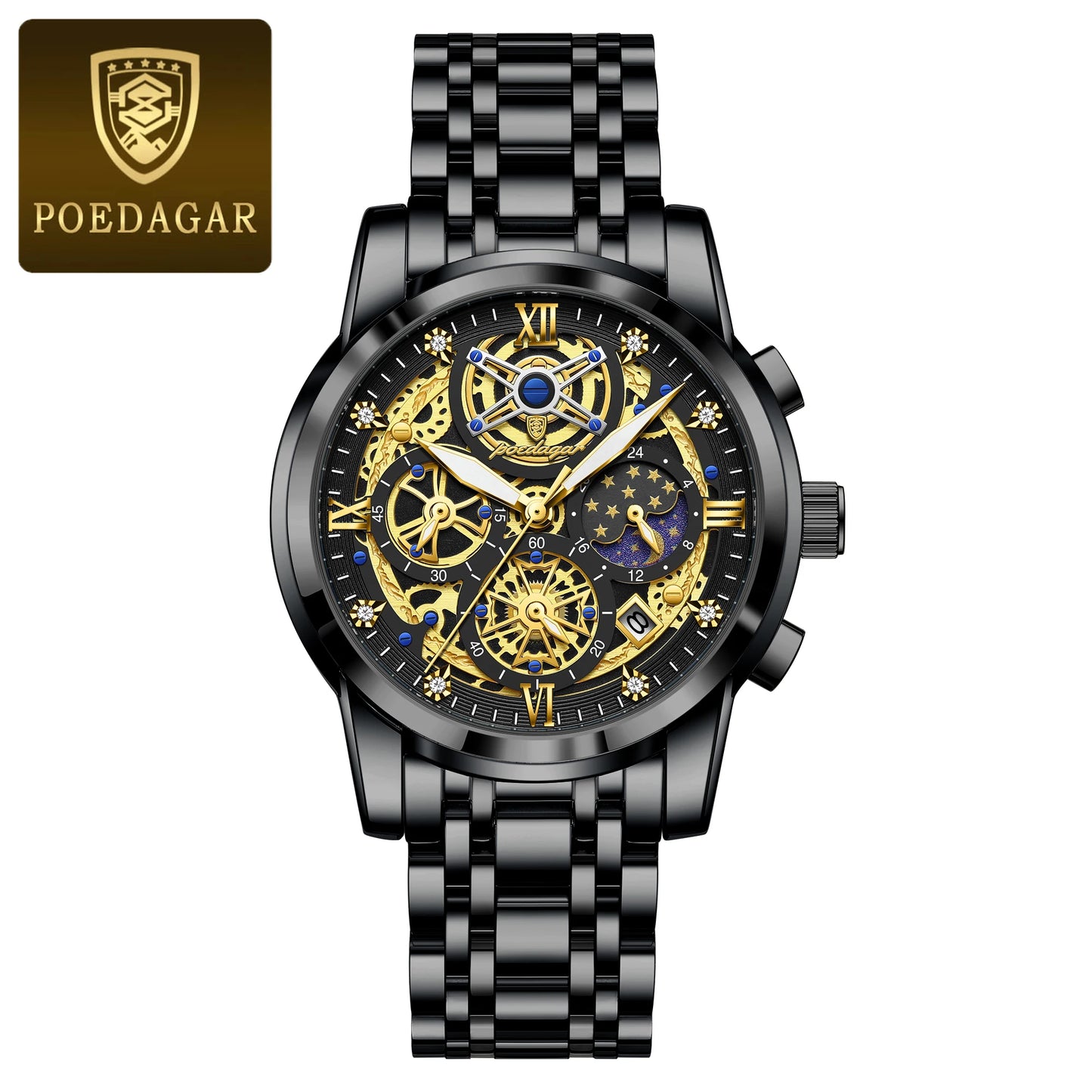 POEDAGAR Top Fashion Men's Watches Stainless Steel Date Chronograph Business Quartz Men Wristwatch Waterproof Luminous Man Watch