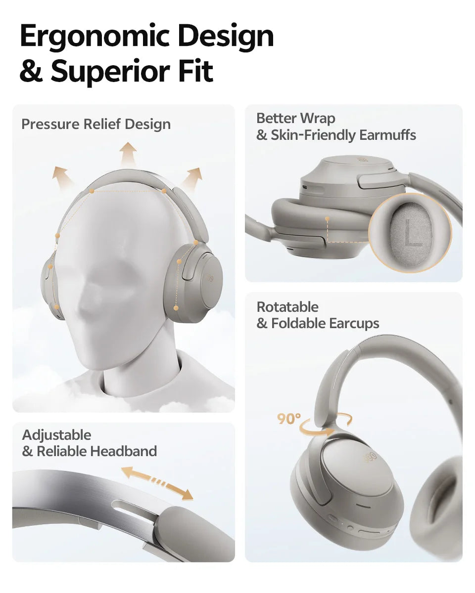 QCY H3S -56dB ANC adaptativo Auscultadores Bluetooth 6.0 circum-aurais – Headset sem fios Hi-Res LDAC, bateria de 102H, som espacial Dual Driver