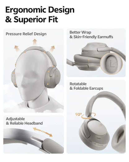 QCY H3S -56dB ANC adaptativo Auscultadores Bluetooth 6.0 circum-aurais – Headset sem fios Hi-Res LDAC, bateria de 102H, som espacial Dual Driver