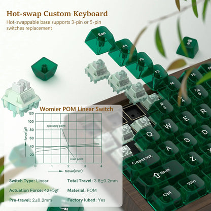 Teclado Gaming Mecânico em Madeira Womier WD75 QMK/VIA 8000mAh Tri-Mode Sem Fios, Personalizável, RGB e Hot Swappable