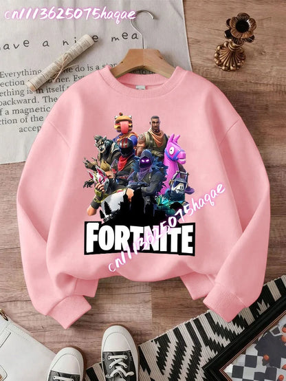 Sweat-shirts Fortnite novos para criança, hoodie com estampado de personagens de jogo em estilo cartoon, tops casuais de outono para criança, roupa de inverno para bebé menino
