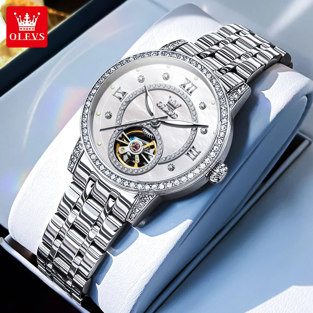 OLEVS Brand Fashion Women Mechanical Watches Starry Sky Dial Diamond Automatic Wristwatch Ladies Waterproof Luminous Clock Women