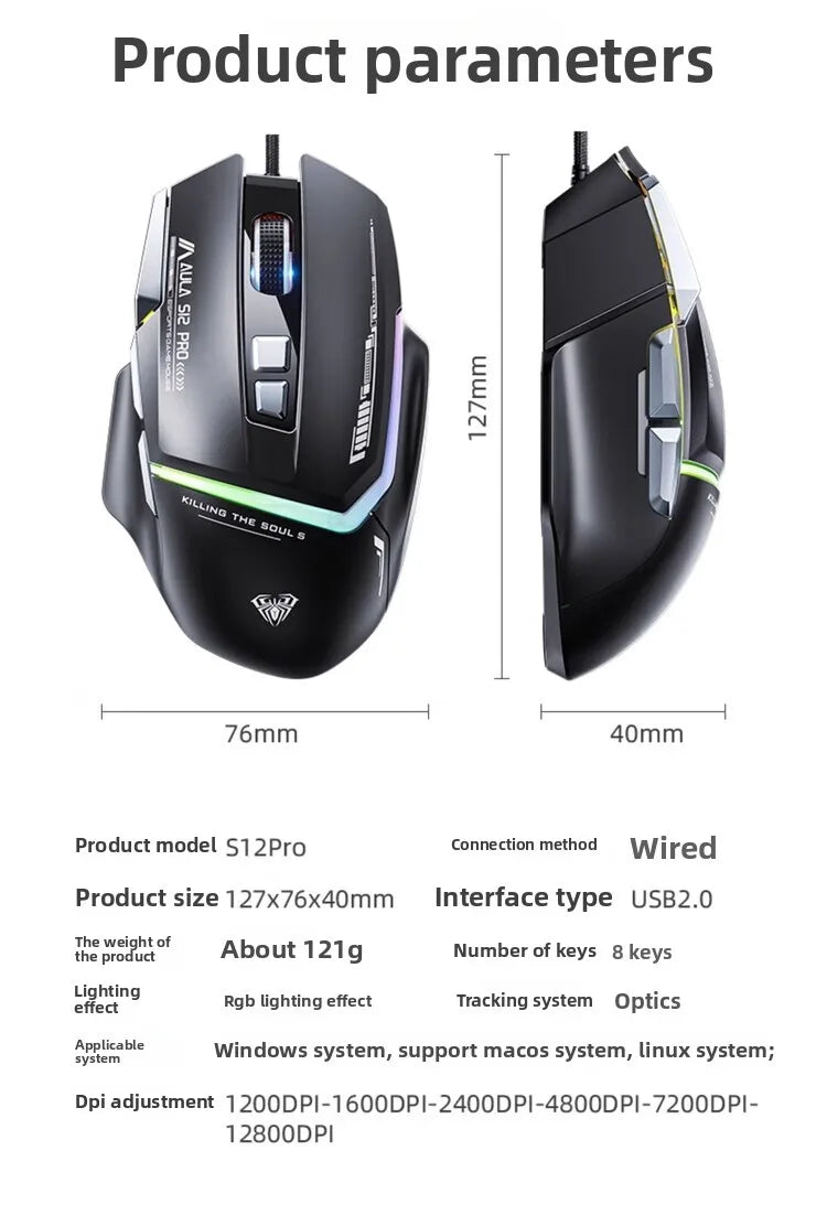 Promoção Especial Rato Gaming com Fio AULA S12 Pro 12800 DPI, Retroiluminação RGB, 8 Botões Programáveis, Ergonómico, para PC e Portátil