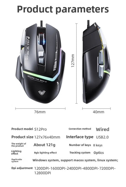 Promoção Especial Rato Gaming com Fio AULA S12 Pro 12800 DPI, Retroiluminação RGB, 8 Botões Programáveis, Ergonómico, para PC e Portátil