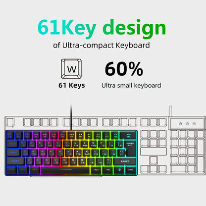 Gaming Keyboard, Russian/English RGB Backlit 61 Key Ultra-Compact Keyboard, Waterproof Mechanical Feeling Office Gaming Keyboards
