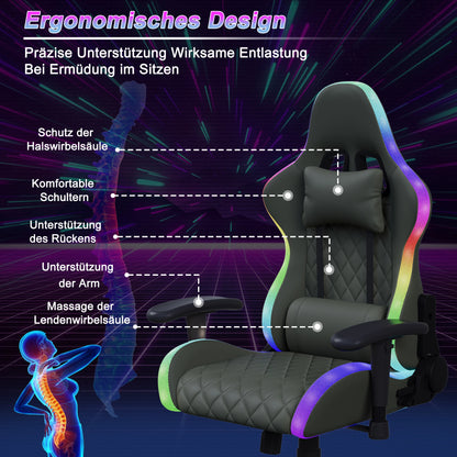 Gaming Chair with Massage Function, Adjustable Backrest, Computer Chair, with Ambient Light, Lumbar Cushion, Pillow, 150 KG