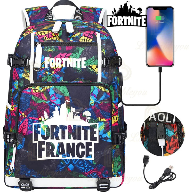 Mochila Yule Trooper F-Fortnited Battle Royale com carregamento USB, figuras anime e compartimento para material escolar para estudantes