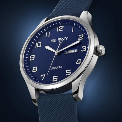 BERNY Men's Watches Luminous Calendar Week Quartz Men Watch Casual Soft Silicone Strap Easy Read Big Dial Sports Wristwatch