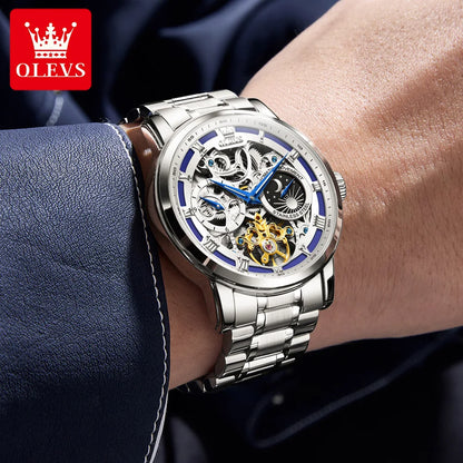 OLEVS 6670 Mens Watch Luxury Brand Skeleton Mechanical Watch Moon Phase Stainless Steel Watches For Man Gifts Box High Quality