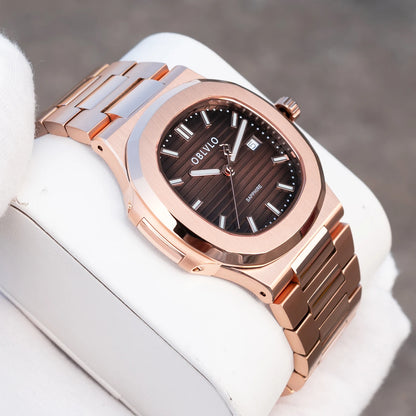 OBLVLO Men's Rose Gold Brown Dial Bracelet Watch with Date Swiss Quartz Movement Elegant Dress Watch for Gentlement FM-YWL-S