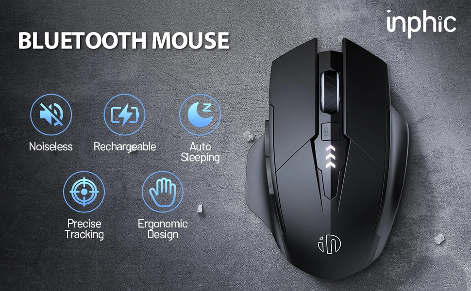 INPHIC A1 Bluetooth Wireless Mouse Rechargeable Tri-Mode 2.4G Optical Mouse for Laptop, Mac, PC, Tablet & Mobile with 1600 DPI