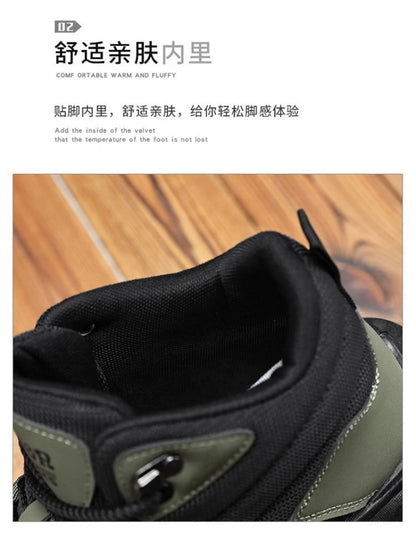 Men'S Black And White Mid Top Hiking Boots Waterproof Leather Platform Sneakers Non Slip Outdoor Casual Shoes With Rugged Sole