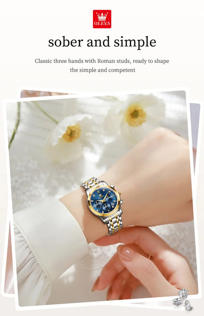 OLEVS 2858 Chronograph Quartz Wristwatches for Woman Fashion Elegant Classic Auto Date Waterproof Stainless Steel Women's Watch