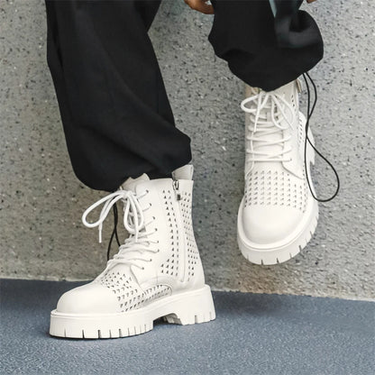 Non-Slip Men's High Top Casual Leather Shoes Street Style Motorcycle Boots New Stylish Ankle Boots Thick Bottom Walking Footwear