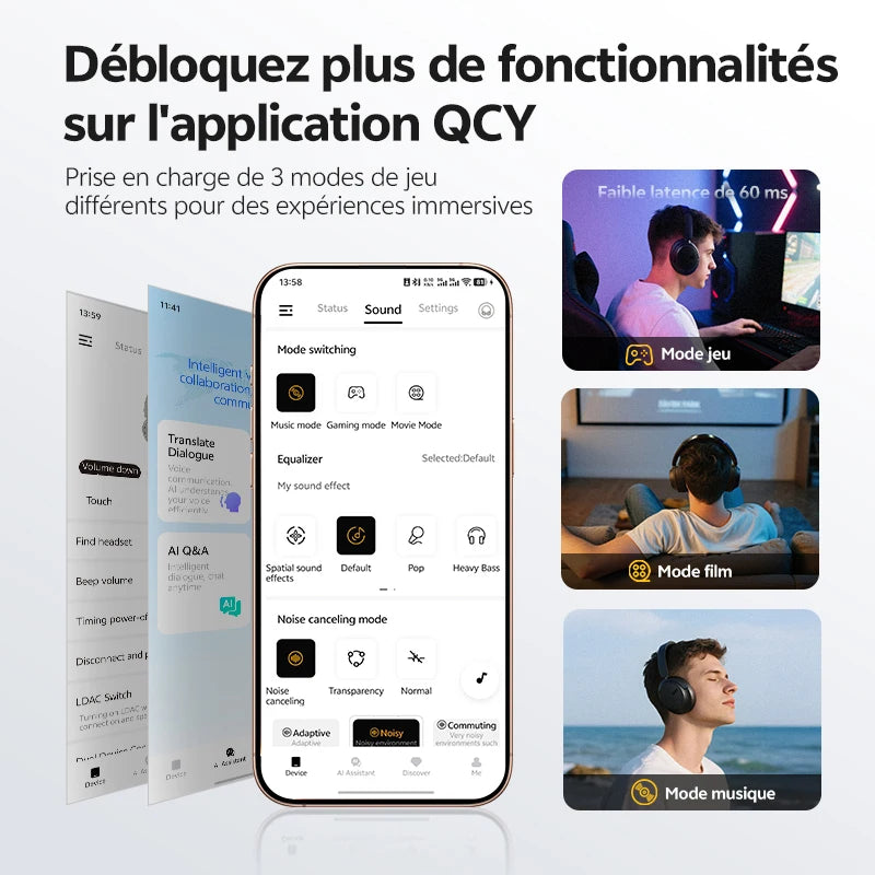 QCY H3S -56dB ANC adaptativo Auscultadores Bluetooth 6.0 circum-aurais – Headset sem fios Hi-Res LDAC, bateria de 102H, som espacial Dual Driver