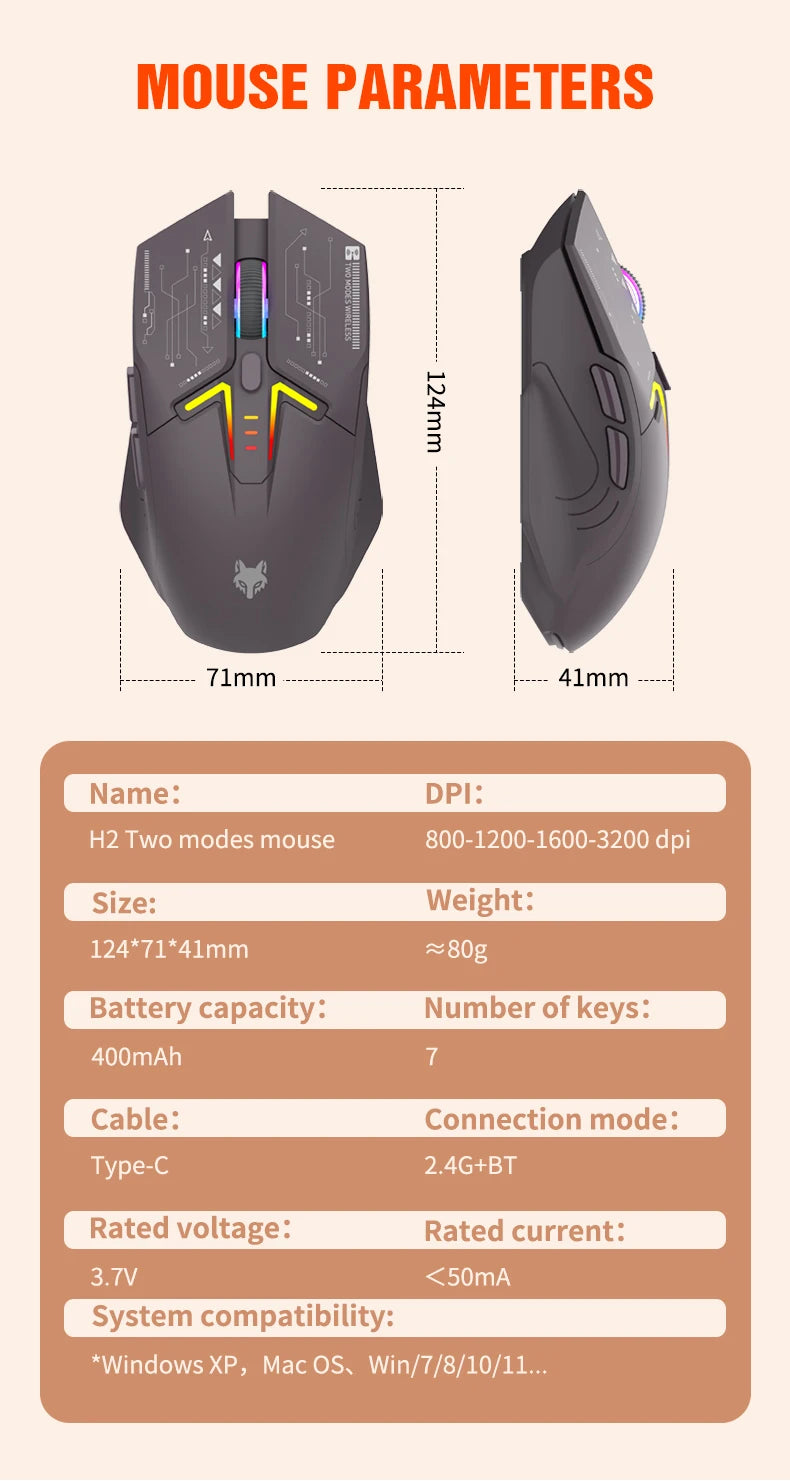 Rato XUNSVFOX H2 sem fios Bluetooth de modo duplo, iluminação RGB, para portátil, gaming e escritório, com carregamento magnético