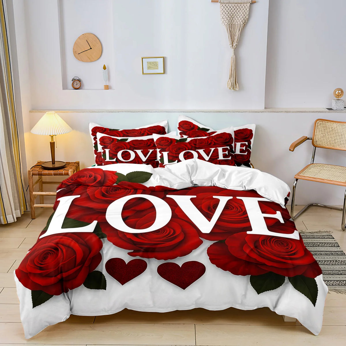 3Pcs Romantic Love Letter Red Rose Flower Pattern Bedding Set Included 1 Duvet Cover & 2 Pillowcases For Home Dorm Hotel Decor