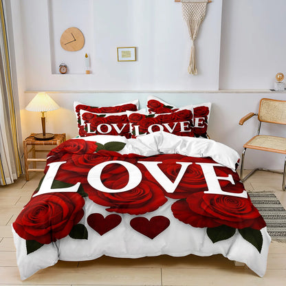 3Pcs Romantic Love Letter Red Rose Flower Pattern Bedding Set Included 1 Duvet Cover & 2 Pillowcases For Home Dorm Hotel Decor