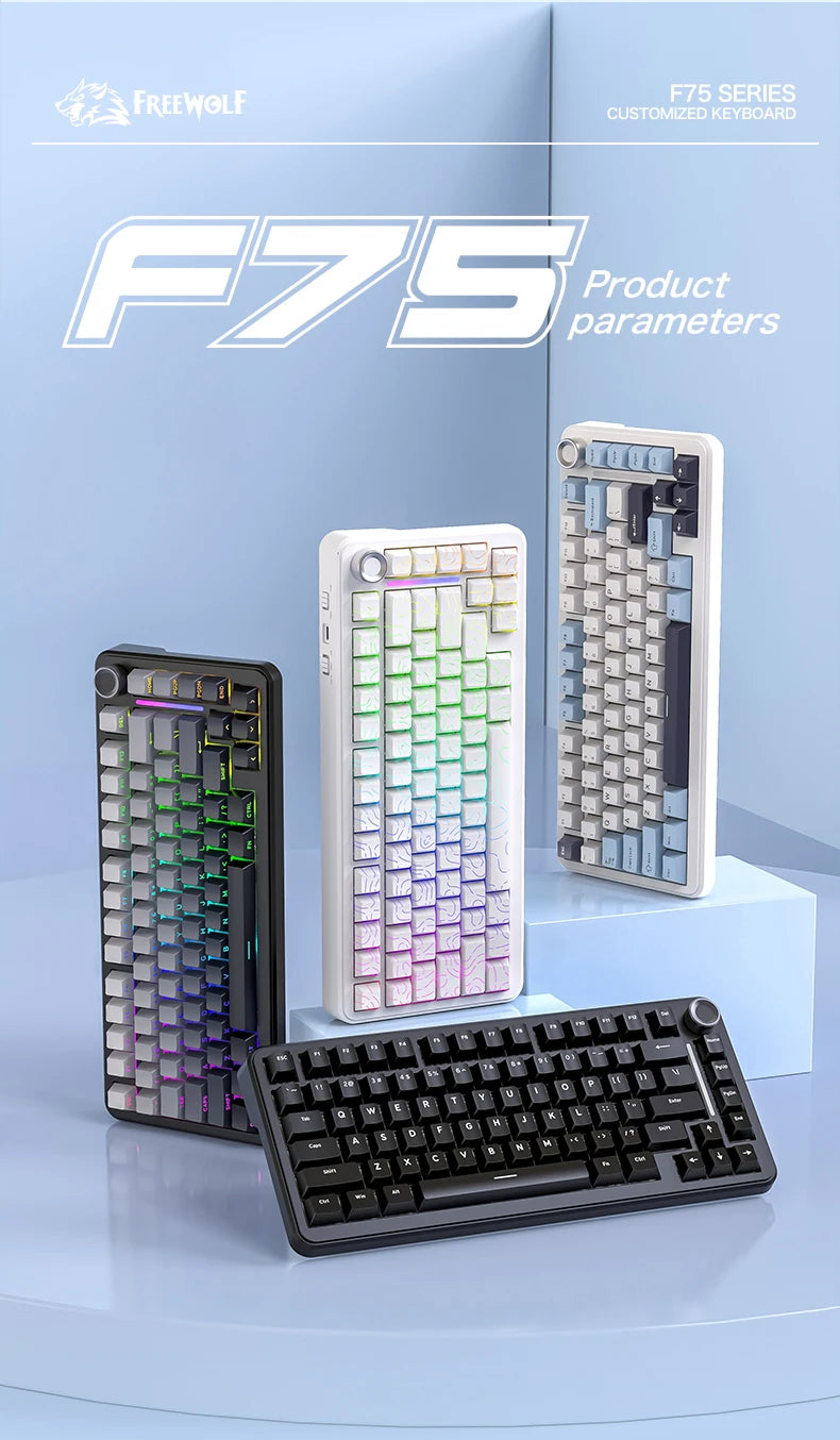 F75 Mechanical Keyboard FREEWOLF 81 Keys Layout Metal Knobs PBT Keycaps, Fully Hot-swappable Keys RGB Multi-color Backlighting