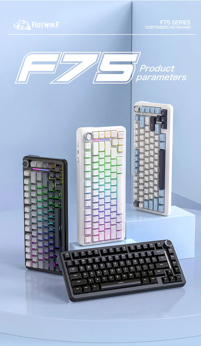 F75 Mechanical Keyboard FREEWOLF 81 Keys Layout Metal Knobs PBT Keycaps, Fully Hot-swappable Keys RGB Multi-color Backlighting