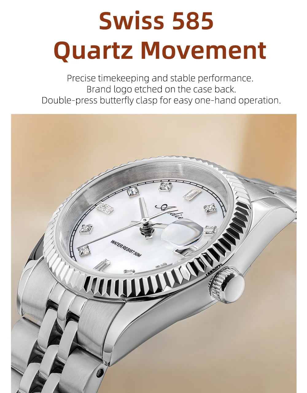 ADDIES New Luxury Women's Watches 28mm Sapphire Glass 50m Waterproof 316L Stainless Steel Business Quartz Wristwatch For Woman