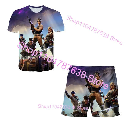 Conjunto Infantil 2 Peças F-Fortnited Victory 3D, T-shirt e Calções para Meninas e Meninos, Roupa Battle Royale, T-shirts Harajuku Hero