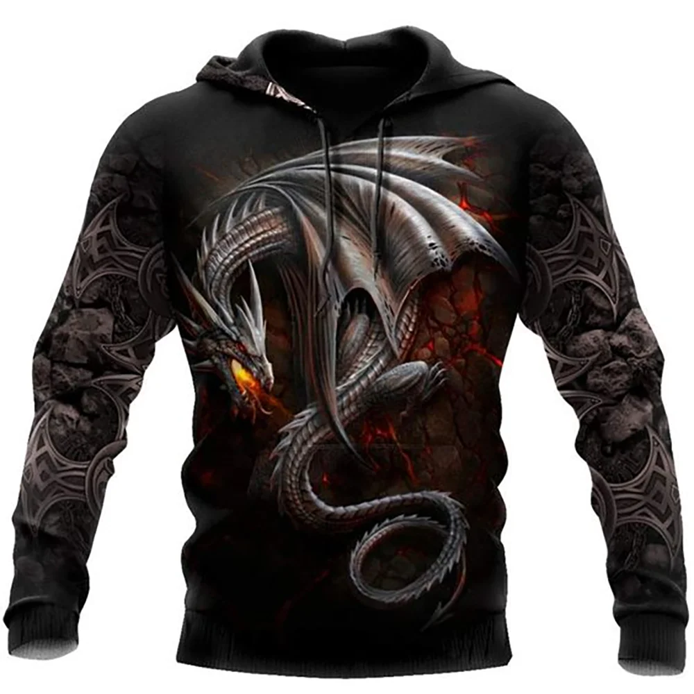 Felpa con cappuccio unisex da uomo con maniche lunghe, stampa 3D drago tatuaggio, autunno inverno, streetwear casual a pullover