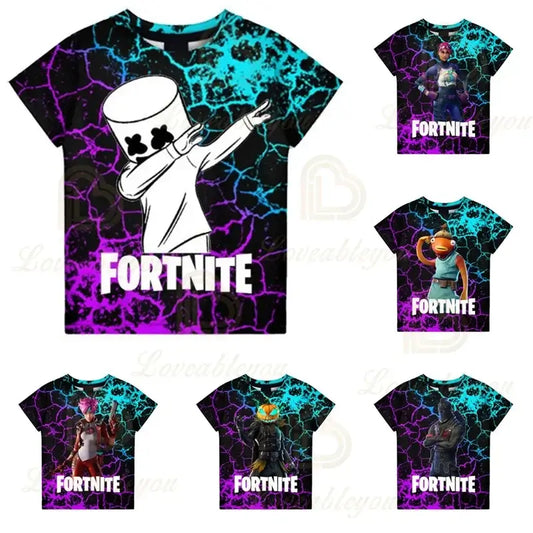 Fortnite T-shirt til drenge, børnetoppe, sommertøj til børn, 3D sjov Battle Royale-spilgrafik, T-shirt, top til små piger