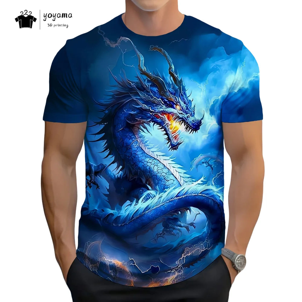 T-shirts för herr med drakmönster, kortärmad T-shirt, trendig streetwear-topp med O-ringning, djurmönster i 3D-tryck, lös och mångsidig herrklädsel
