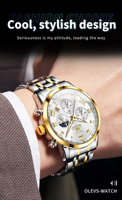 Relógio de Homem OLEVS 5529 de Marca Top Luxury, Impermeável, Luminoso, em Aço Inoxidável, com Fase Lunar e Código de Temporização, Novo Relógio de Quartzo para Homem