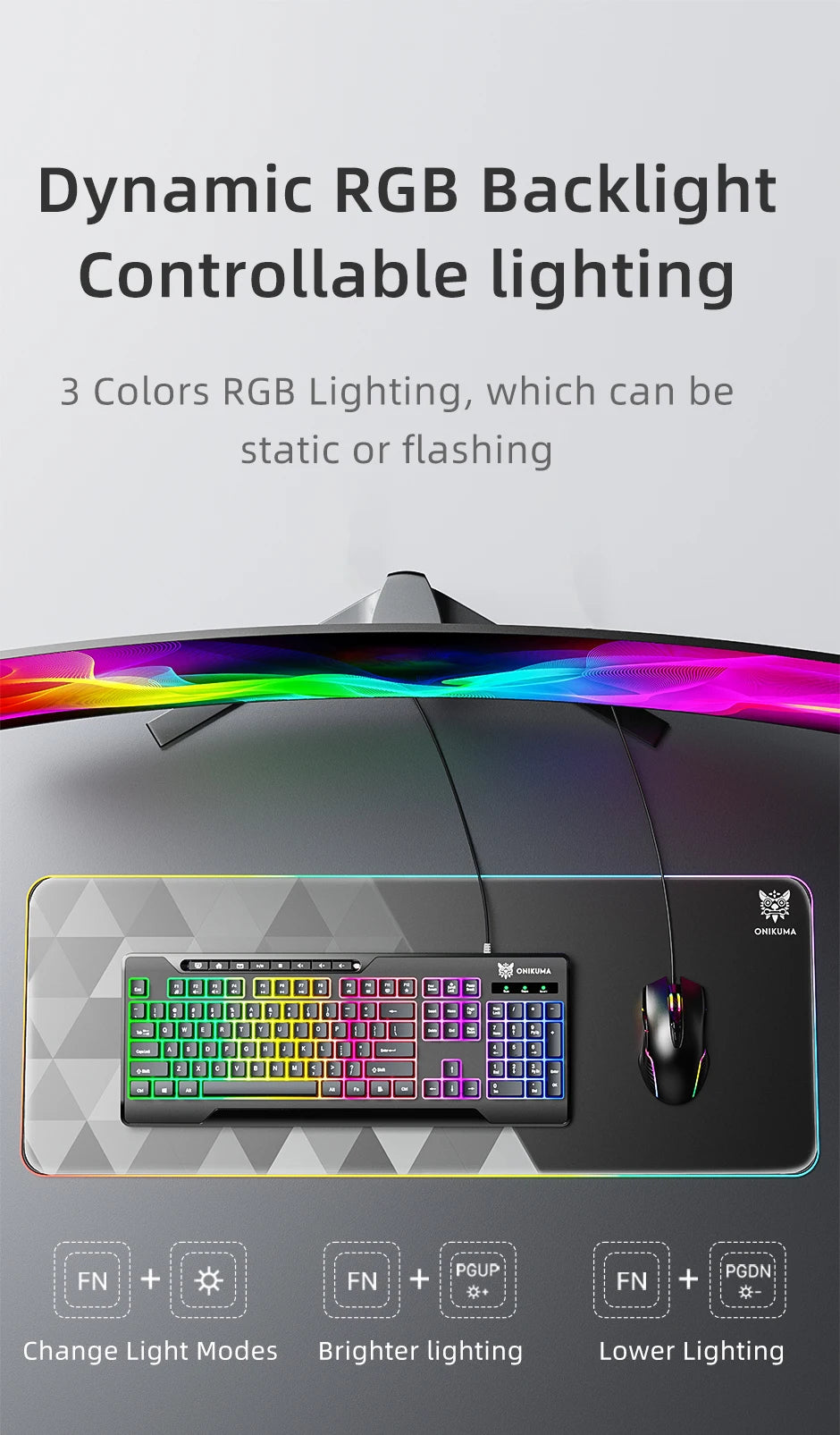 ONIKUMA G32 Wired Gaming Keyboard with RGB Backlit Matte Key Caps 104 Keys Membrane Gaming Keyboards for PC Gamer