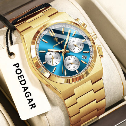 POEDAGAR Fashion Men's Wristwatch Chronograph Date Stainless Steel Quartz Man Clock Waterproof Luminous Business Watches For Men