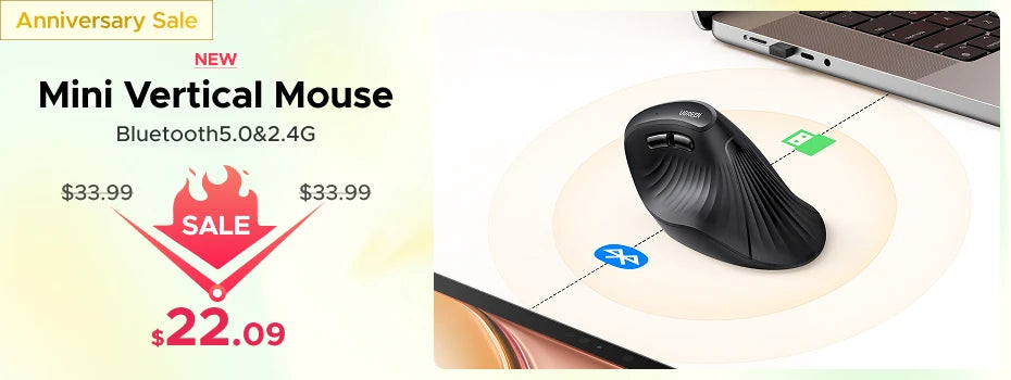 Mouse wireless UGREEN Bluetooth 5.0 ergonomico 4000DPI con 6 pulsanti silenziosi per MacBook, tablet, laptop, computer e PC, mouse 2.4G