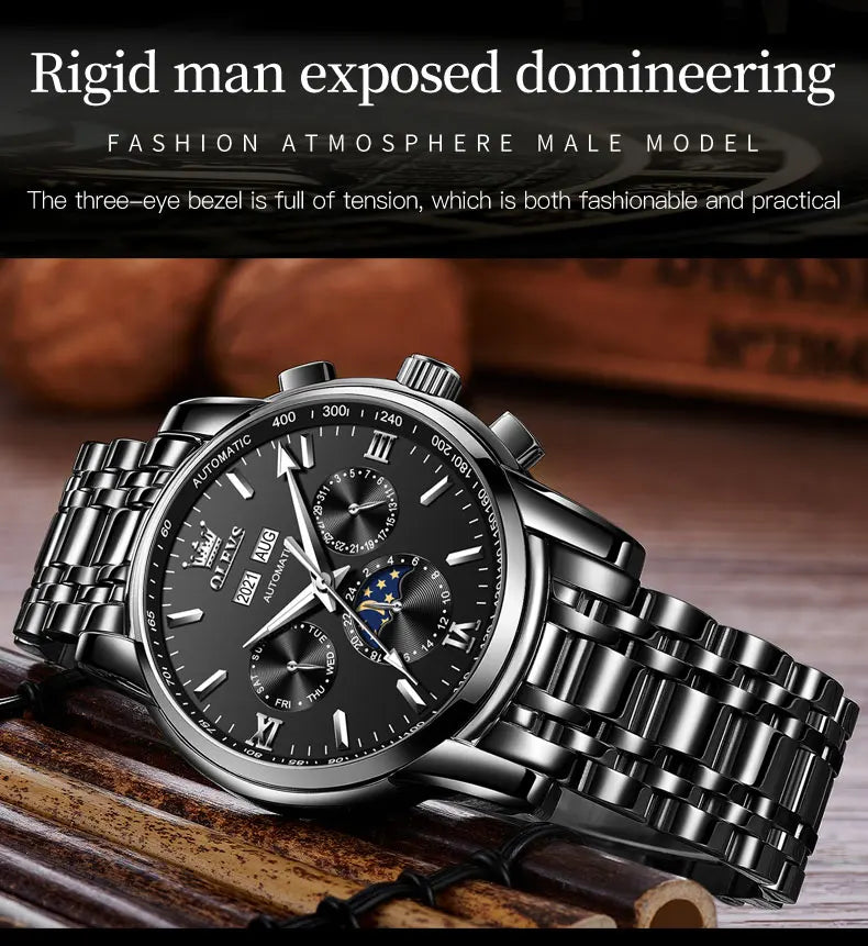 OLEVS 6633 Luxury Men's Watches Automatic Green Watch Men Stainless Steel Waterproof Business Sport Mechanical Wristwatch 6633