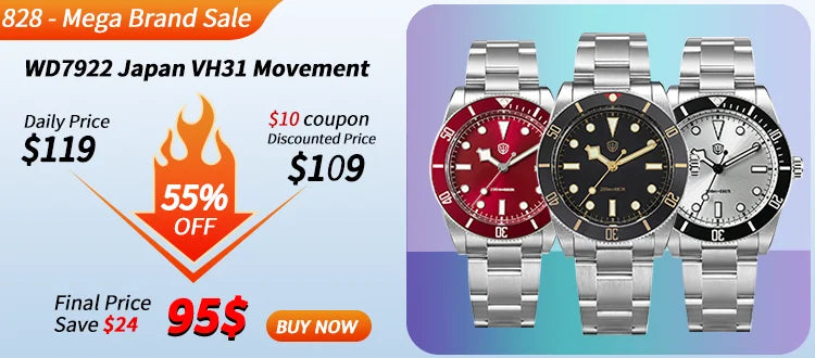 Watchdives WD0006 Watch VH31 Sweep Second Movement Domed Sapphire Crystal BGW9 Luminous 10Bar Waterproof 38mm Vintage Watches