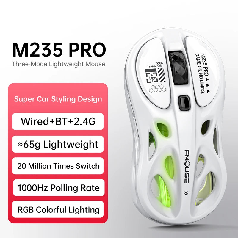 Rato Gaming Sem Fios 2.4G Trimodo RGB, Design Oco Leve com Iluminação Chroma, Com Fios/Bluetooth, Rato E-Sports Controlador