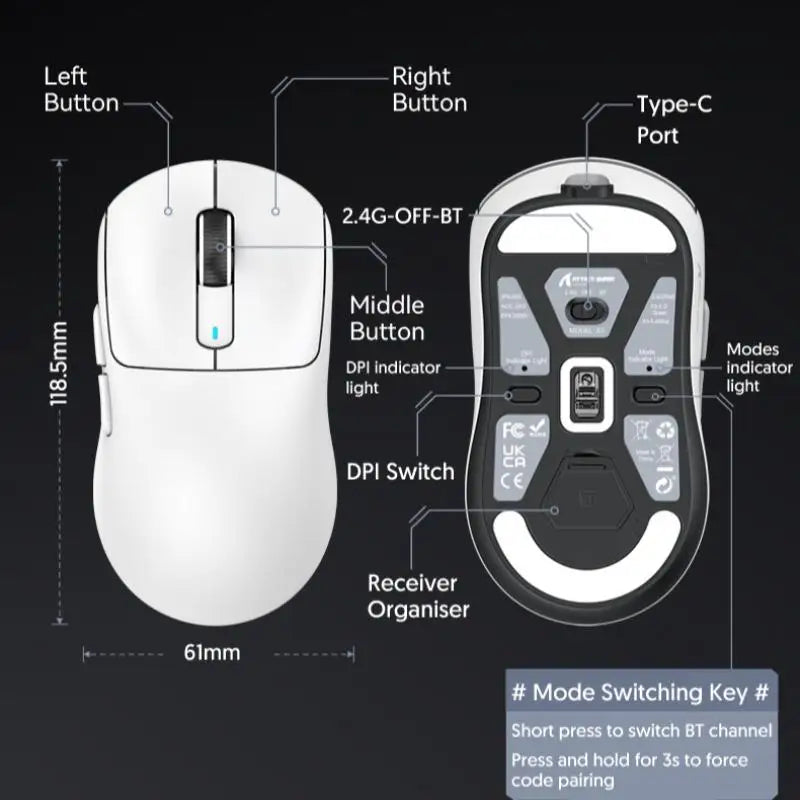 ATTACK SHARK X3 Rato de três modos 1K Hz, X3Pro Rato sem fios Bluetooth 4K Hz leve, PAW3395, velocidade de movimento 650IPS