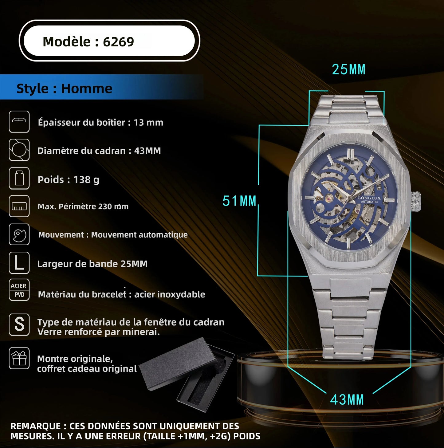 LONGLUX automatic watch business mechanical watches simple skeleton waterproof stainless steel cost effective mens watch gift