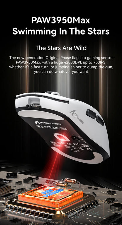 ATTACK SHARK R6 PAW3950MAX Wireless Gaming Mouse, 39g Ultralight, 8KHz Polling Rate, 42,000 DPI, Tri-Mode Bluetooth & 2.4G Gaming Mouse