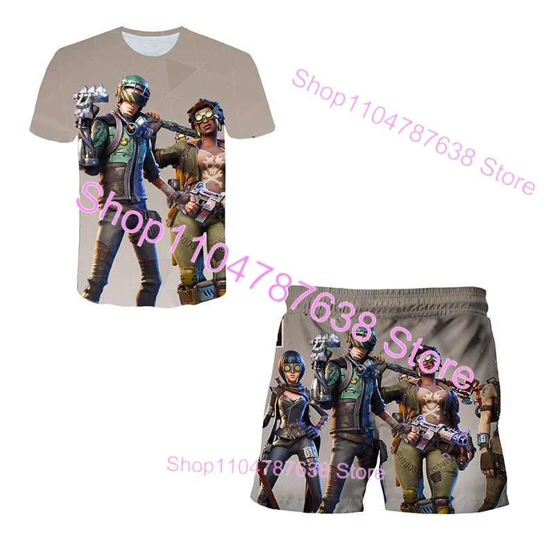 Conjunto Infantil 2 Peças F-Fortnited Victory 3D, T-shirt e Calções para Meninas e Meninos, Roupa Battle Royale, T-shirts Harajuku Hero