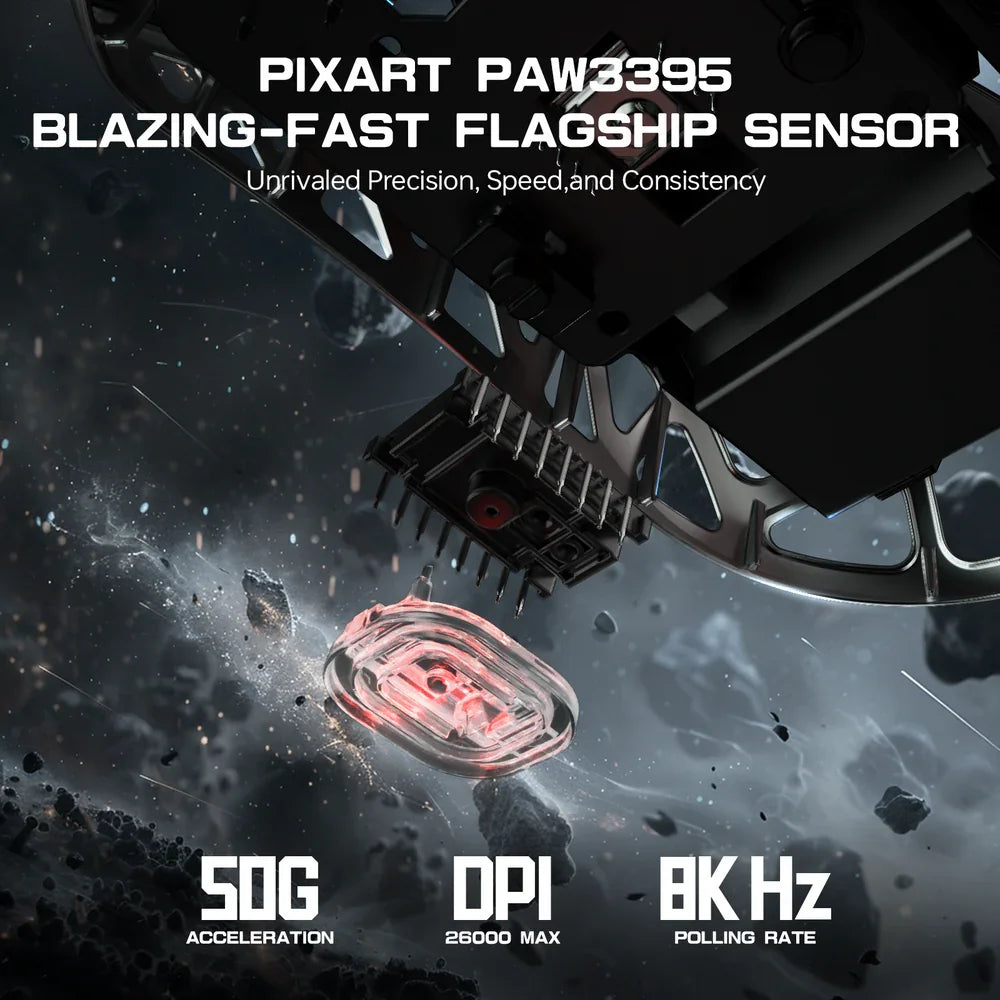 Rato Gaming ATTACK SHARK R3 em liga de magnésio 8K SUPERLIGHT 8000Hz, 6 níveis de DPI ajustáveis até 26000, PAW3395, BT/2.4G sem fios/com fios