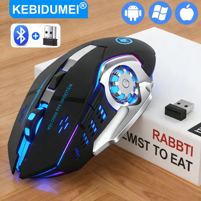 Rato Gaming Mecha Sem Fios Bluetooth 2.4G USB Recarregável Silencioso com Retroiluminação — Rato Ergonómico para Escritório e Acessórios de Jogo
