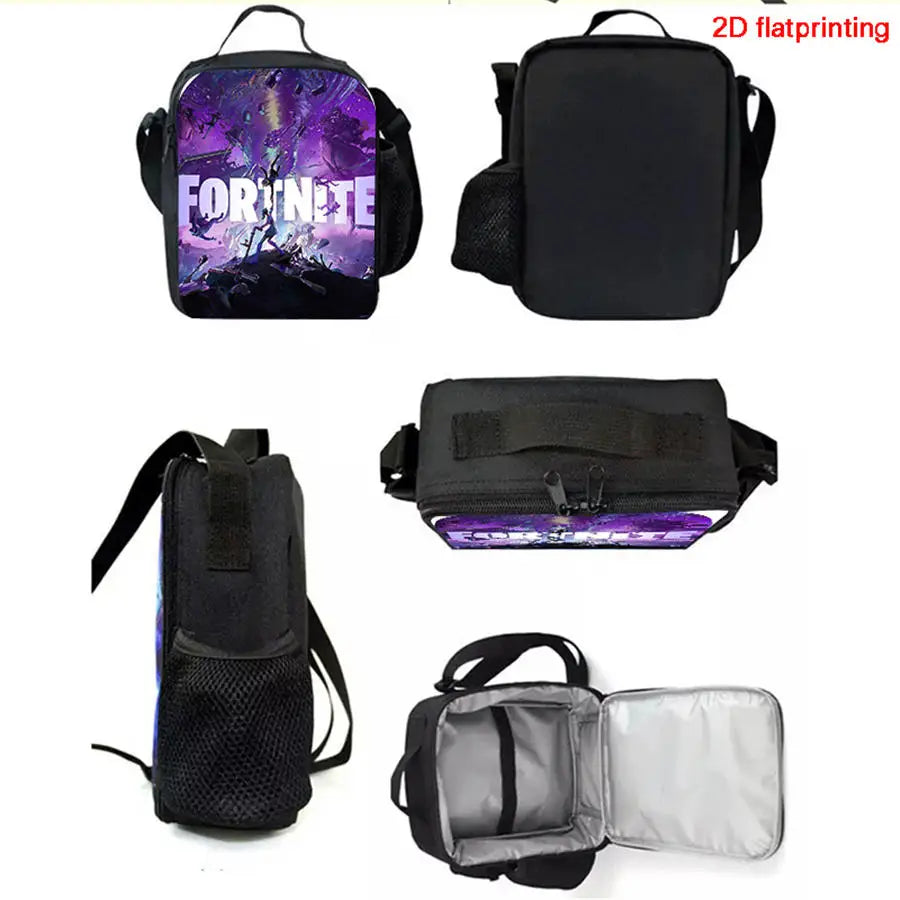 3Pcs FORTNITE Cartoon School Set Lightweight Backpack Front Pocket Lunch & Pencil Case For Kids Age 5-9 Free 3D Printed Keychain