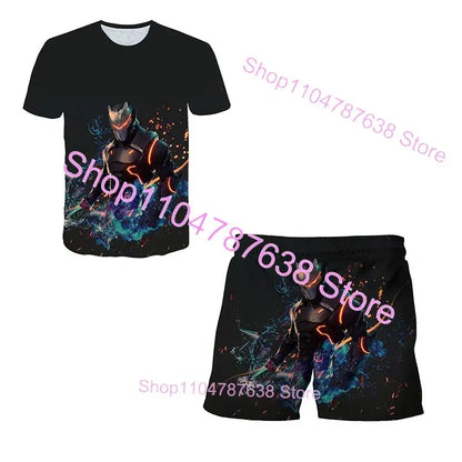 Conjunto Infantil 2 Peças F-Fortnited Victory 3D, T-shirt e Calções para Meninas e Meninos, Roupa Battle Royale, T-shirts Harajuku Hero