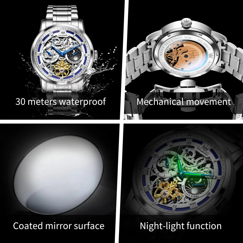 OLEVS 6670 Mens Watch Luxury Brand Skeleton Mechanical Watch Moon Phase Stainless Steel Watches For Man Gifts Box High Quality